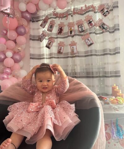 Girl Peach Sequence with Net Dress